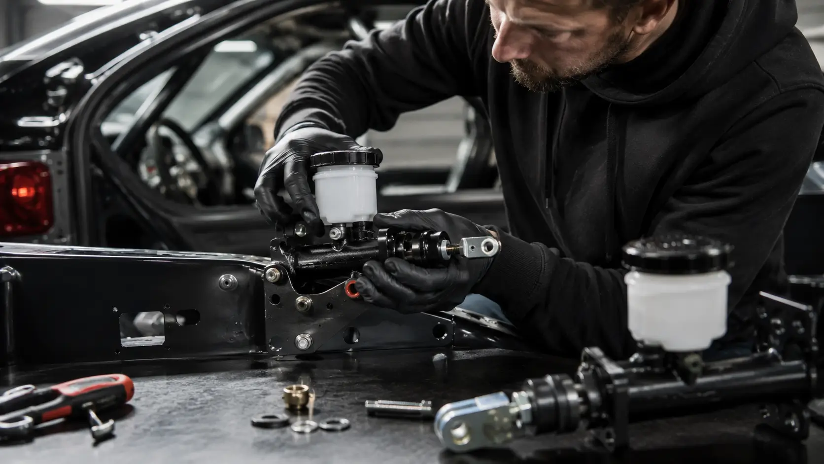 picture of a mechanic fitting a master cylinder into a track car build